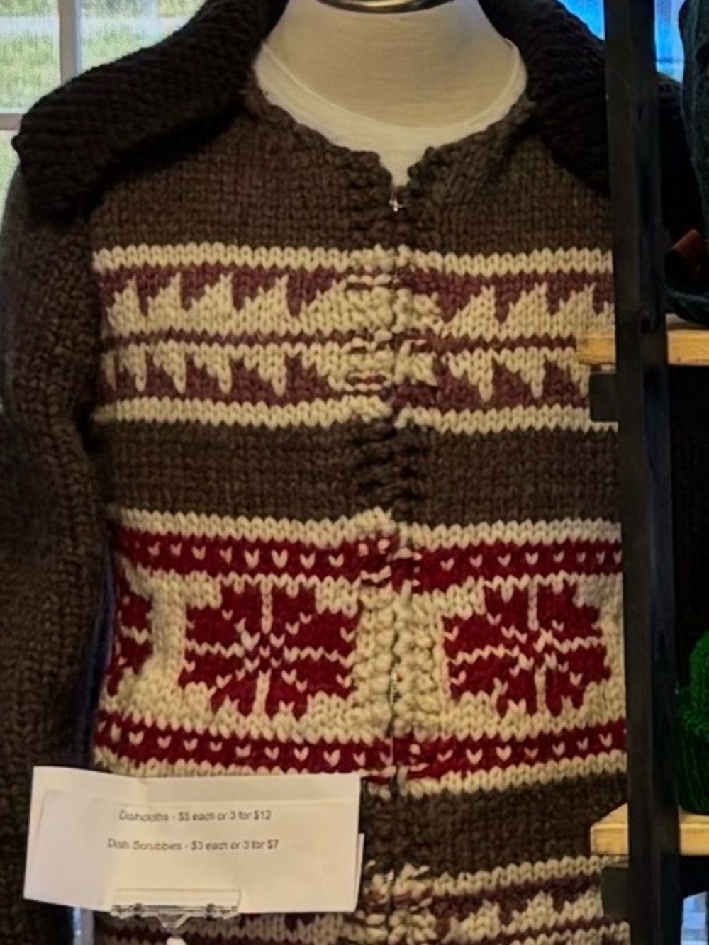 Men's Brown Zip-Up Fair Isle Knit Sweater with Red & Cream Pattern